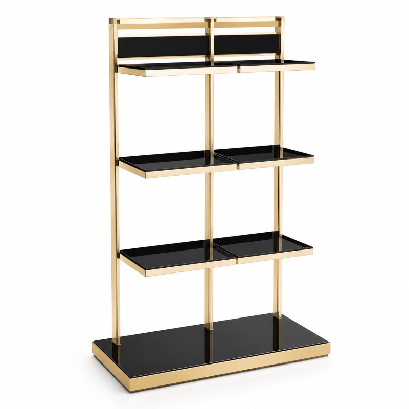 black and gold freestanding clothing display rack with multiple shelves