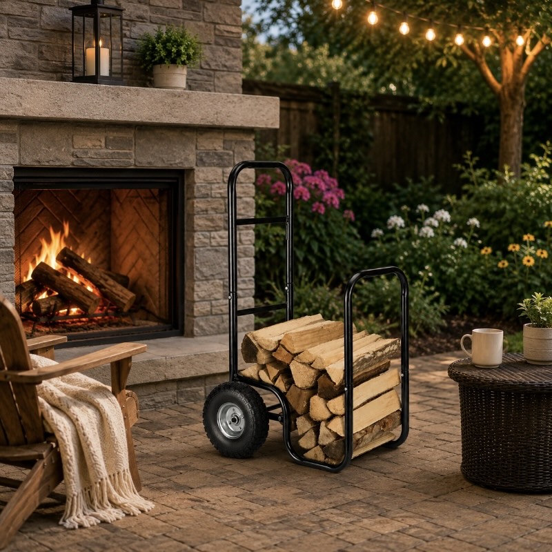 Black steel firewood log cart for outdoor fireplace and garden patio